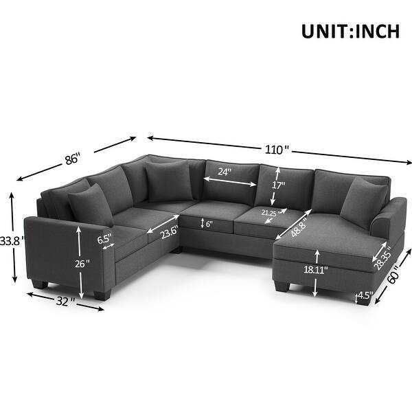 110" Sectional Sofa Upholstered Ushaped Sofa With 3 Pillows Bed Bath